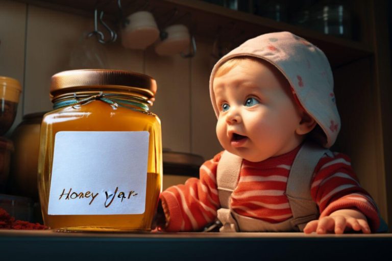 baby trying to reach honey jar, but babies are not allowed to eat honey