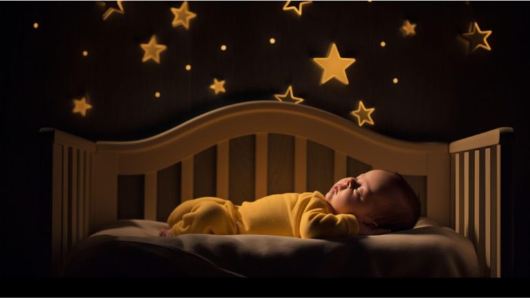 image of a baby napping with a dimm light for an artile on should babies sleep in the dark