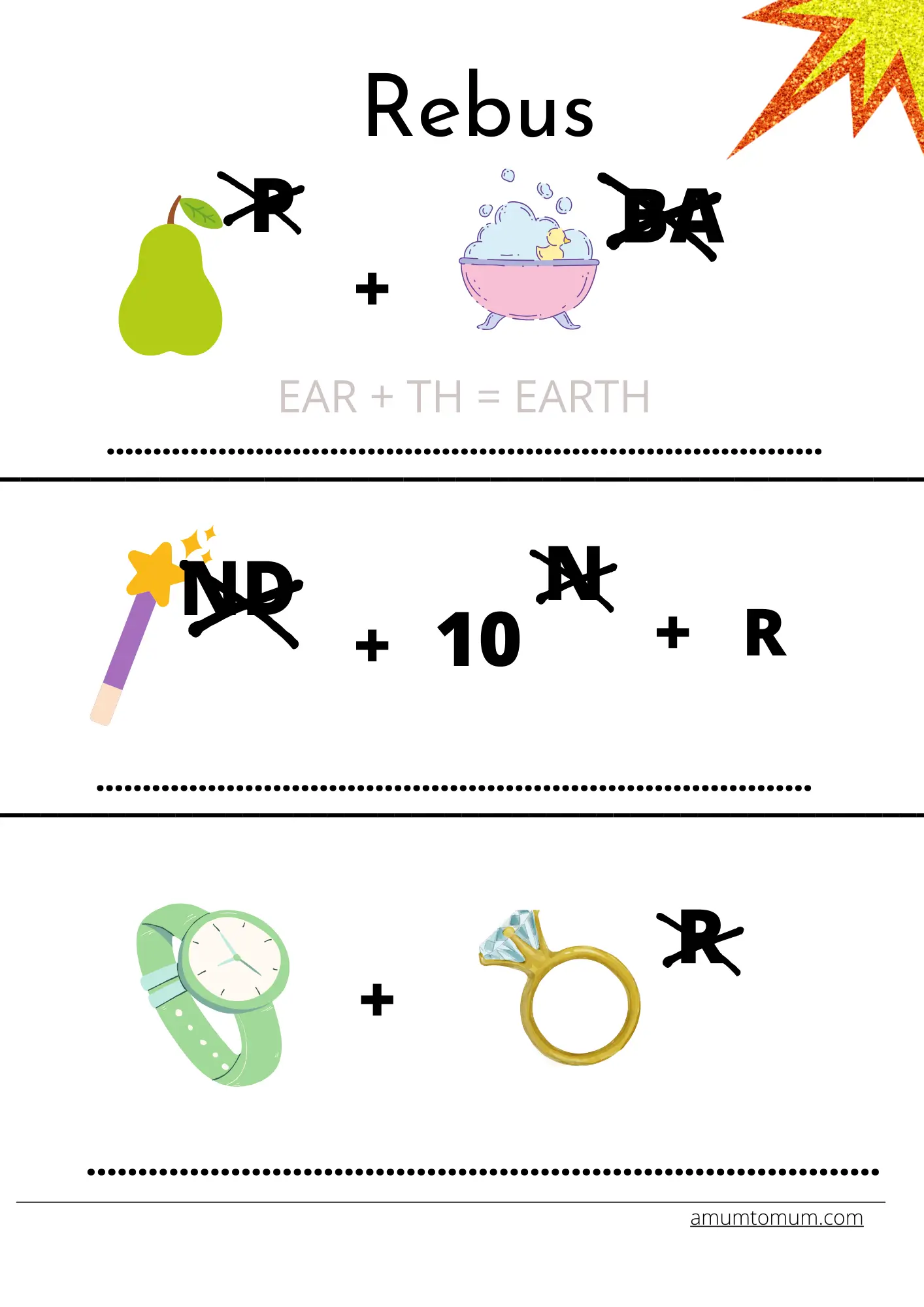 Home 35 Rebus puzzle worksheet featuring pear, bath, wand, 10, R, watch and ring images that spell EARTH, WATER, and WATCHING.