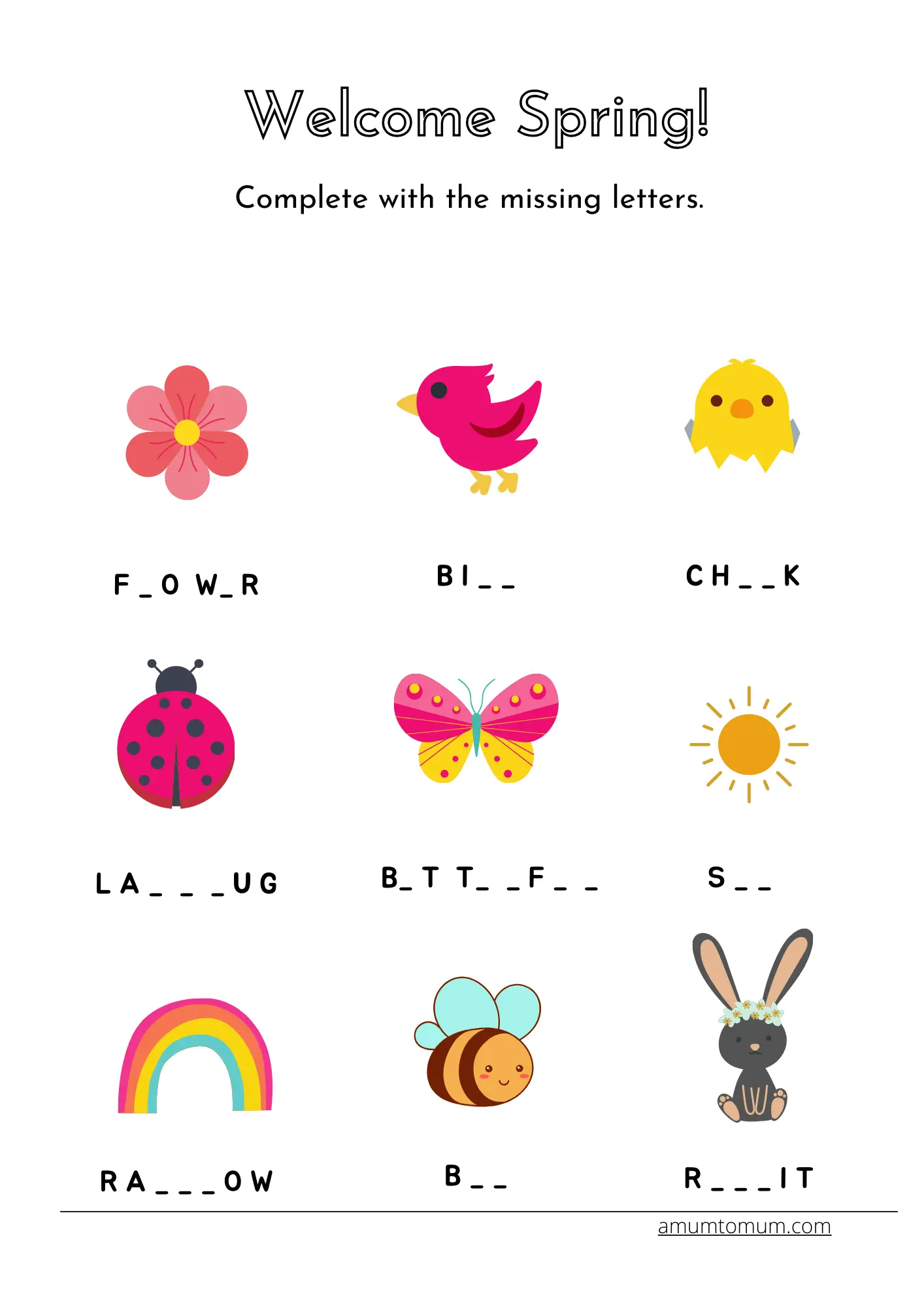 Home 36 Printable spring kids worksheet: fill in missing letters for flower, bird, chick, ladybug, butterfly, sun, rainbow, rabbit.